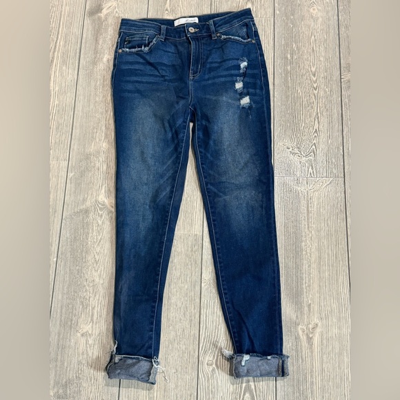 KanCan High Rise Ankle Skinny Jeans, 5/26, Dark Wash, distressed, folded raw hem - Picture 4 of 8